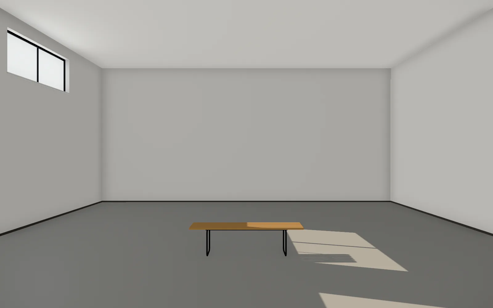La caméra est descendue du plan dans la grande galerie : murs blancs, sol de résine pâle, lumière du jour par les fenêtres hautes.