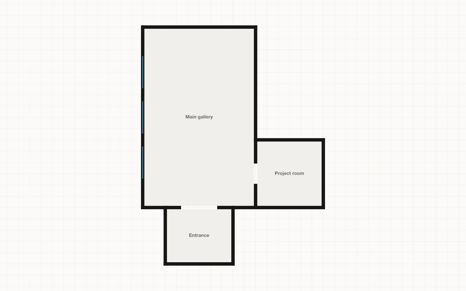 Le plan de la galerie de départ, tel que Plann.art le dessine : une longue grande galerie, une entrée et une salle projet.